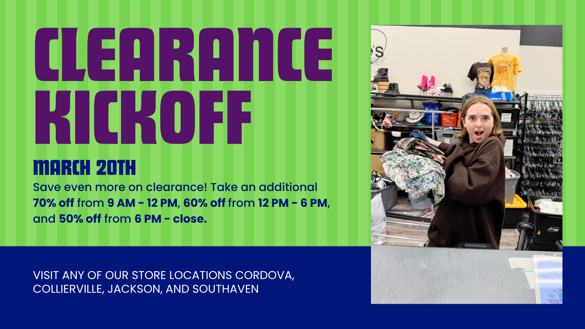 Plato’s Closet Clearance Kickoff March 28 with additional 70%-50% off clearance items for teens and young adults throughout the day.